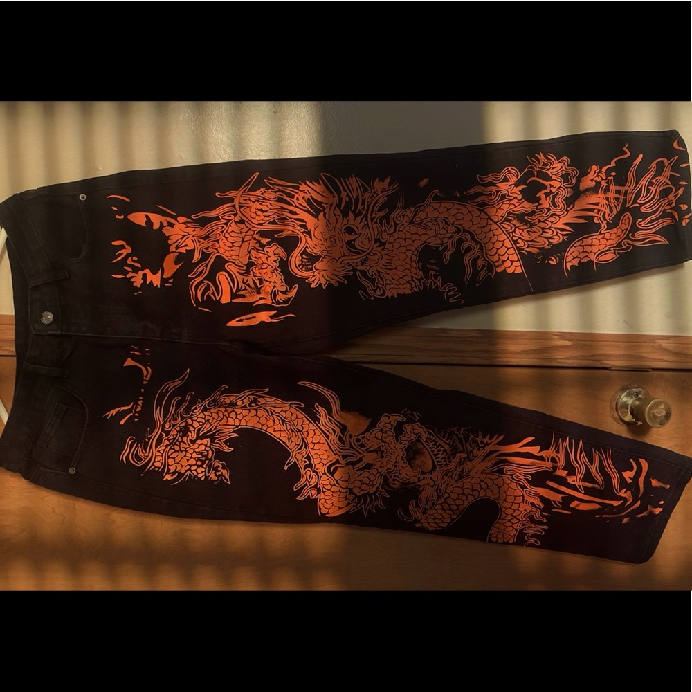 Black and Orange detailed dragon Jeans